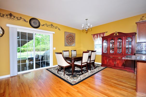 Chandelier, Dining room, Interior, Wood Texture Flooring