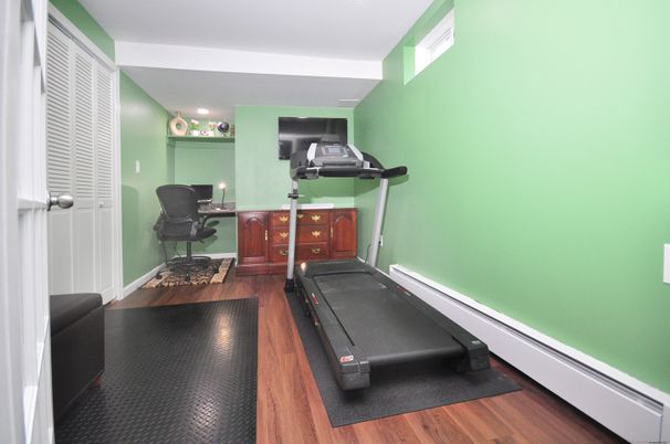 Fitness Equipment, Home Office, Interior, Recessed Lighting, Wood Texture Flooring