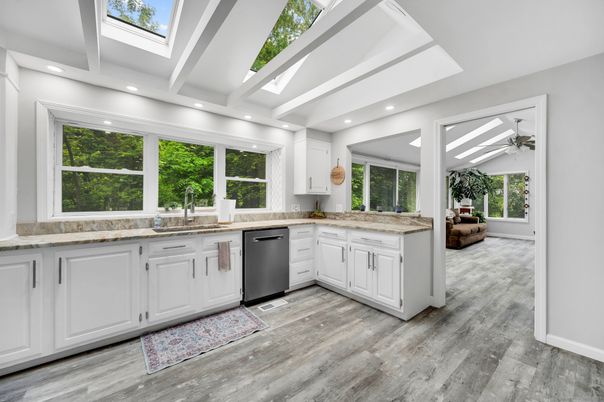 Glass Ceilings, Interior, Kitchen, Recessed Lighting, Wood Texture Flooring