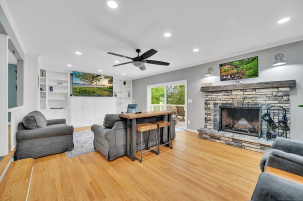 Fireplace, Interior, Living room, Recessed Lighting, Wood Texture Flooring