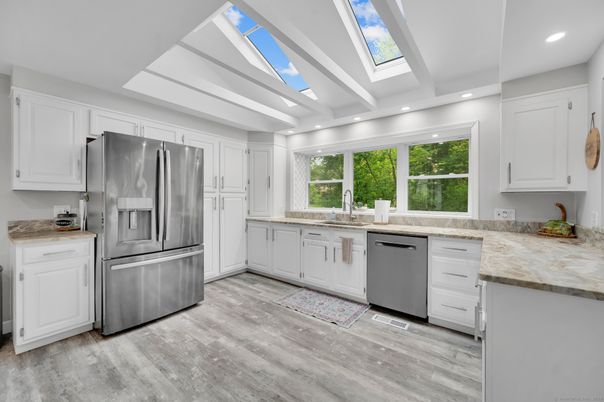 Glass Ceilings, Interior, Kitchen, Recessed Lighting, Stainless Steel Appliances, Wood Texture Flooring