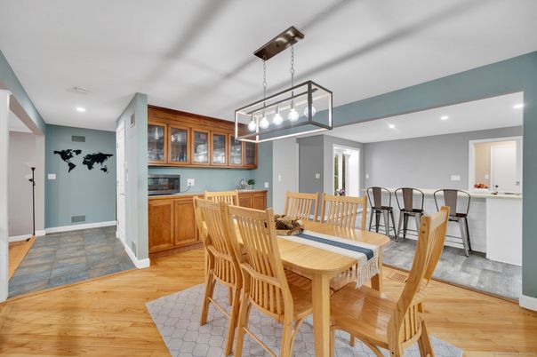 Dining room, Interior, Pendant Lights, Recessed Lighting, Wood Texture Flooring
