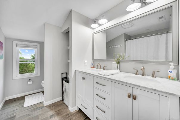 Bathroom, Dual Sink Vanities, Interior, Wood Texture Flooring