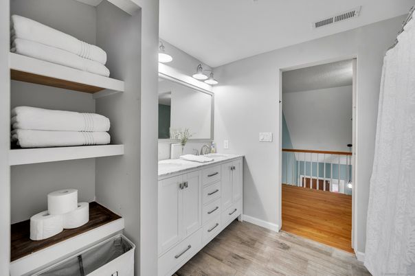 Bathroom, Dual Sink Vanities, Interior, Wood Texture Flooring