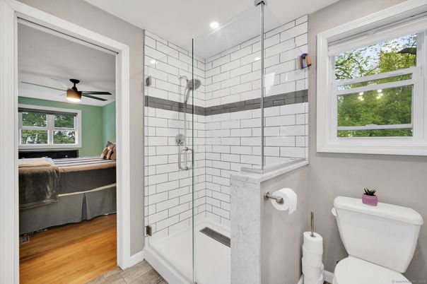 Bathroom, Glass Shower, Interior, Recessed Lighting, Wood Texture Flooring