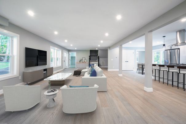 Interior, Kitchen, Living room, Recessed Lighting, Stainless Steel Appliances, Wood Texture Flooring