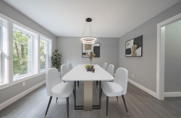 Dining room, Interior, Pendant Lights, Wood Texture Flooring