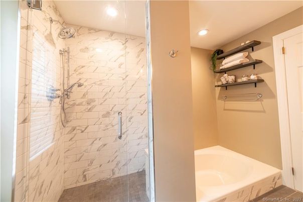 Bathroom, Glass Shower, Interior, Marble Walls, Recessed Lighting
