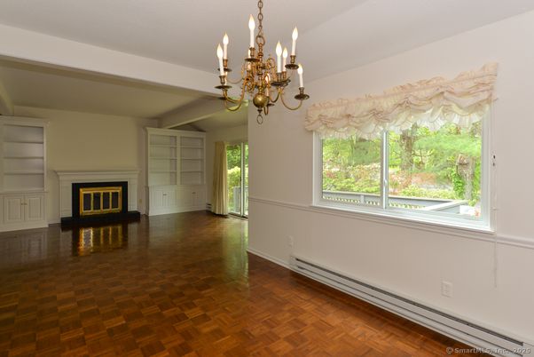 Chandelier, Empty room, Fireplace, Interior, Wood Texture Flooring