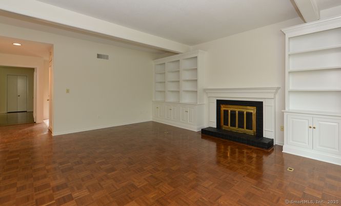 Empty room, Fireplace, Interior, Recessed Lighting, Wood Texture Flooring