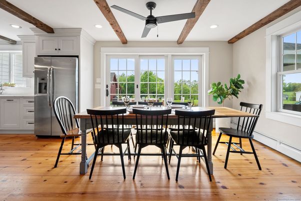 Dining room, Interior, Kitchen, Recessed Lighting, Stainless Steel Appliances, Wooden Beams, Wood Texture Flooring