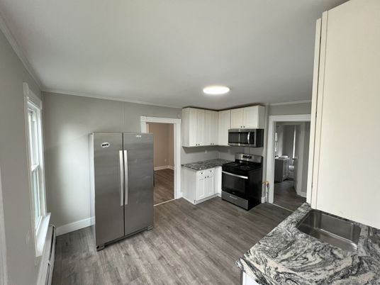 Interior, Kitchen, Recessed Lighting, Stainless Steel Appliances, Wood Texture Flooring