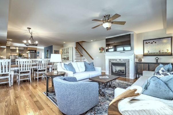 Chandelier, Dining room, Fireplace, Interior, Kitchen, Living room, Pendant Lights, Recessed Lighting, Wood Texture Flooring