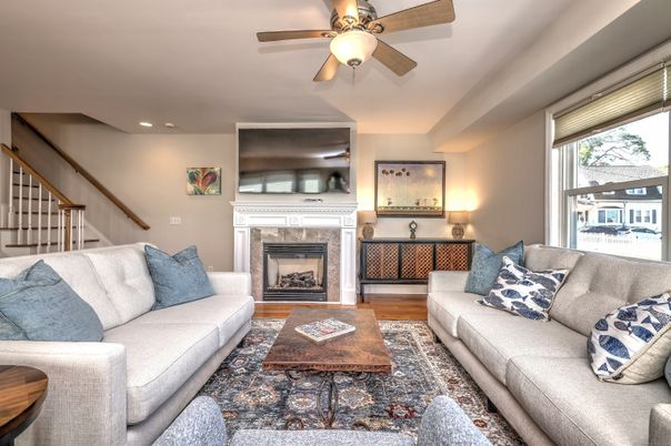 Fireplace, Interior, Living room, Recessed Lighting, Wood Texture Flooring