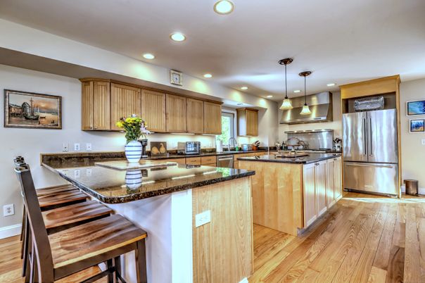 Interior, Kitchen, Pendant Lights, Recessed Lighting, Stainless Steel Appliances, Wood Texture Flooring