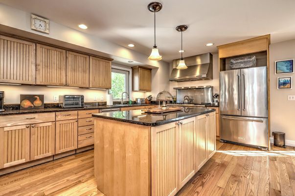 Interior, Kitchen, Pendant Lights, Recessed Lighting, Stainless Steel Appliances, Wood Texture Flooring