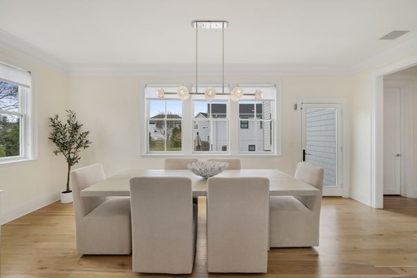 Dining room, Interior, Pendant Lights, Wood Texture Flooring