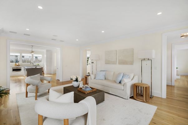 Dining room, Interior, Living room, Pendant Lights, Recessed Lighting, Wood Texture Flooring