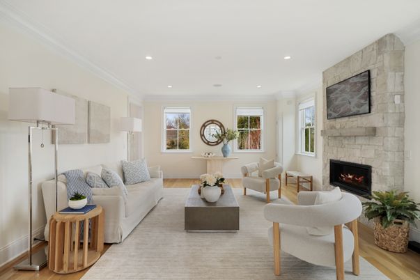 Fireplace, Interior, Living room, Recessed Lighting, Stone Walls, Wood Texture Flooring