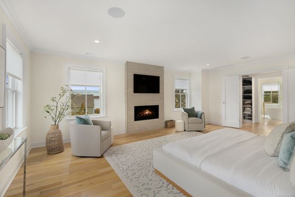 Bedroom, Fireplace, Interior, Recessed Lighting, Wood Texture Flooring