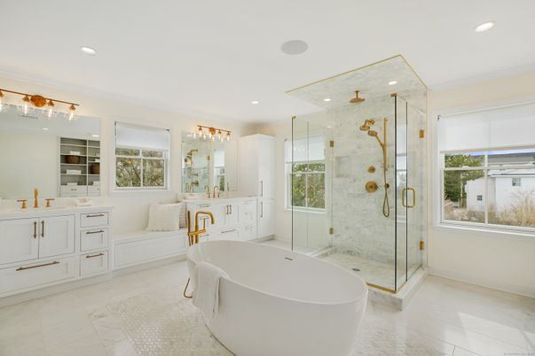 Bathroom, Dual Sink Vanities, Free Standing Baths, Glass Shower, Interior, Marble, Marble Walls, Recessed Lighting