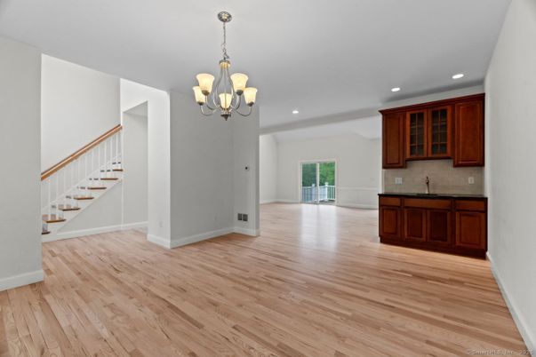 Chandelier, Empty room, Interior, Recessed Lighting, Wood Texture Flooring
