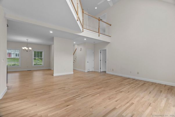 Chandelier, Empty room, Interior, Recessed Lighting, Wood Texture Flooring