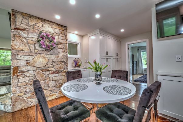 Dining room, Interior, Recessed Lighting, Stone Walls, Wood Texture Flooring