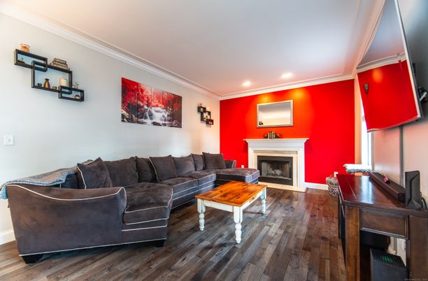 Fireplace, Interior, Living room, Recessed Lighting, Wood Texture Flooring