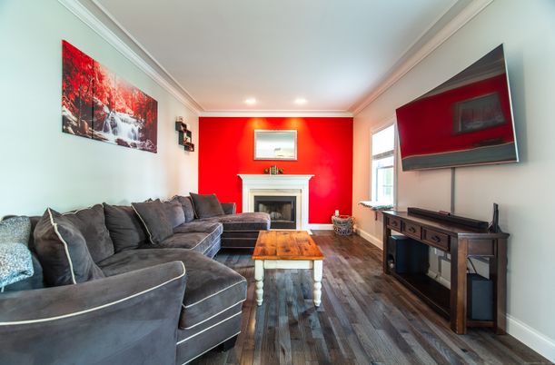 Fireplace, Interior, Living room, Recessed Lighting, Wood Texture Flooring