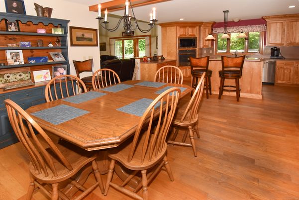 Chandelier, Dining room, Interior, Kitchen, Pendant Lights, Recessed Lighting, Wood Texture Flooring