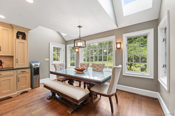 Dining room, Interior, Pendant Lights, Recessed Lighting, Wood Texture Flooring