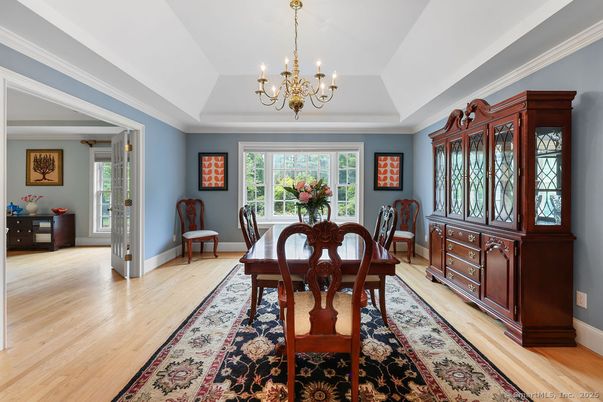 Chandelier, Dining room, Interior, Wood Texture Flooring