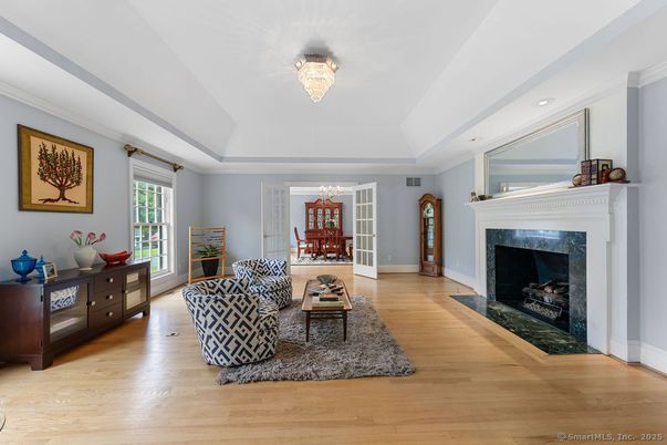 Chandelier, Dining room, Fireplace, Interior, Living room, Recessed Lighting, Wood Texture Flooring
