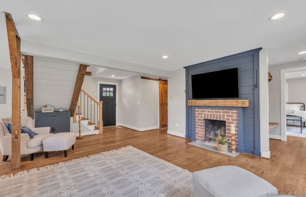 Fireplace, Interior, Recessed Lighting, Wooden Beams, Wood Texture Flooring