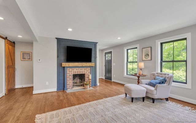 Fireplace, Interior, Recessed Lighting, Wood Texture Flooring