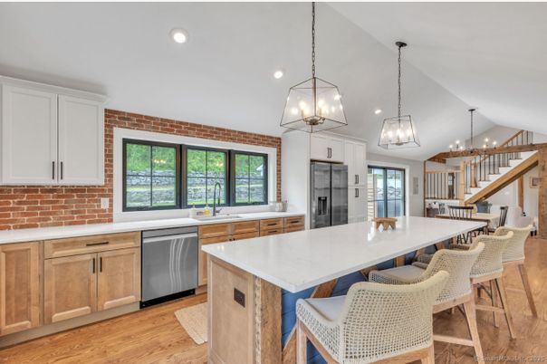 Interior, Kitchen, Pendant Lights, Recessed Lighting, Stainless Steel Appliances, Stone Walls, Wood Texture Flooring