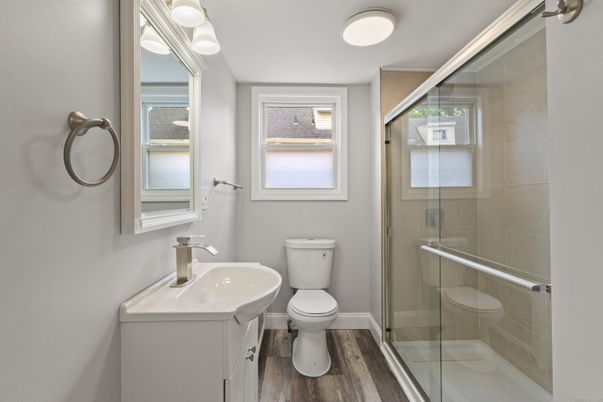 Bathroom, Glass Shower, Interior, Wood Texture Flooring