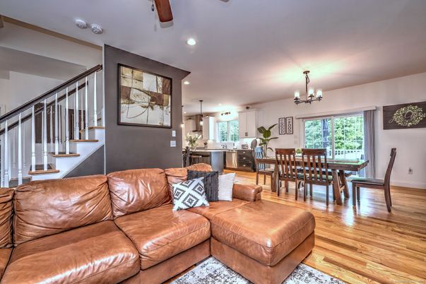 Chandelier, Dining room, Interior, Kitchen, Living room, Recessed Lighting, Wood Texture Flooring