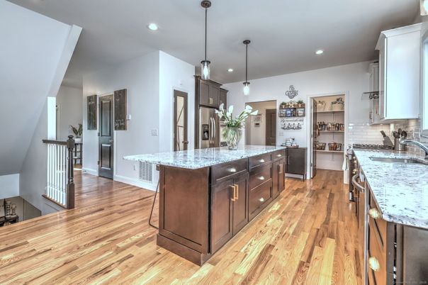 Interior, Kitchen, Pendant Lights, Recessed Lighting, Wood Texture Flooring