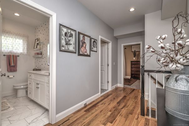 Bathroom, Interior, Marble, Recessed Lighting, Wood Texture Flooring