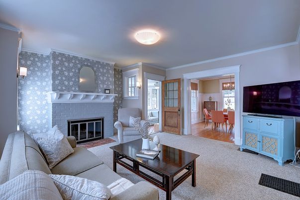 Dining room, Fireplace, Interior, Living room, Stone Walls, Wood Texture Flooring