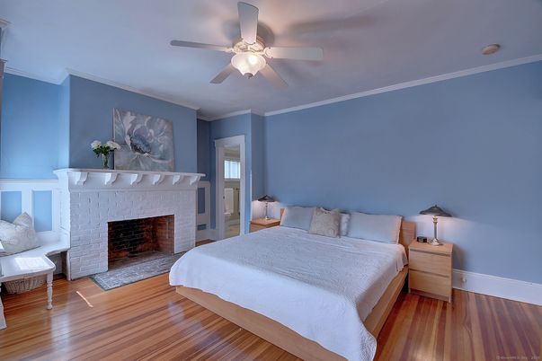 Bedroom, Fireplace, Interior, Wood Texture Flooring