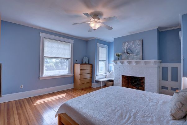 Bedroom, Fireplace, Interior, Wood Texture Flooring