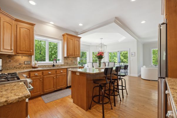 Chandelier, Dining room, Interior, Kitchen, Recessed Lighting, Wood Texture Flooring