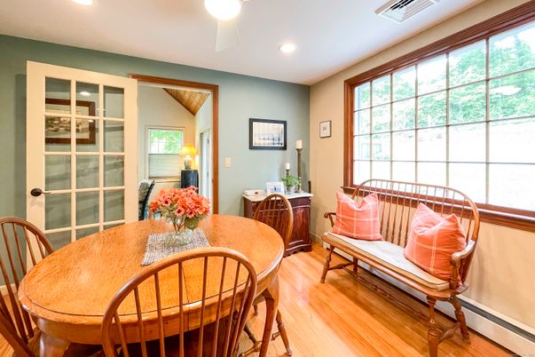 Dining room, Interior, Recessed Lighting, Wood Texture Flooring