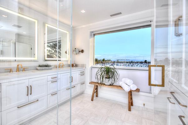 Bathroom, Dual Sink Vanities, Glass Shower, Interior, Marble, Recessed Lighting, Water