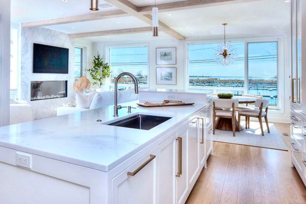 Dining room, Fireplace, Interior, Kitchen, Pendant Lights, Recessed Lighting, Water, Wooden Beams, Wood Texture Flooring