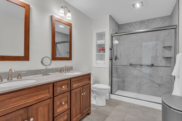 Bathroom, Dual Sink Vanities, Glass Shower, Interior, Marble Walls