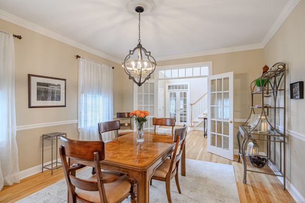 Chandelier, Dining room, Interior, Wood Texture Flooring